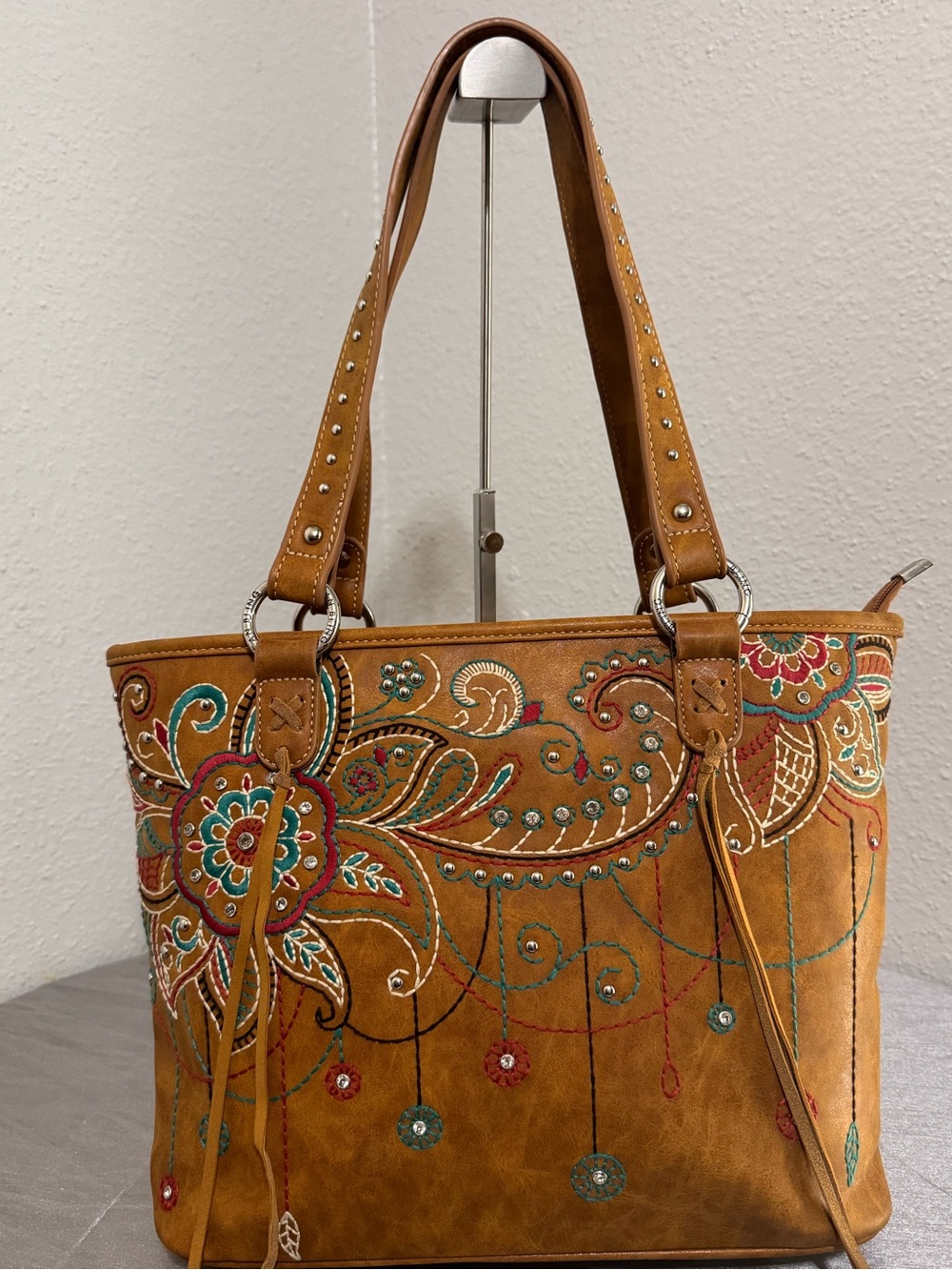 Embroidered Tan Tote Bag with Floral Accents